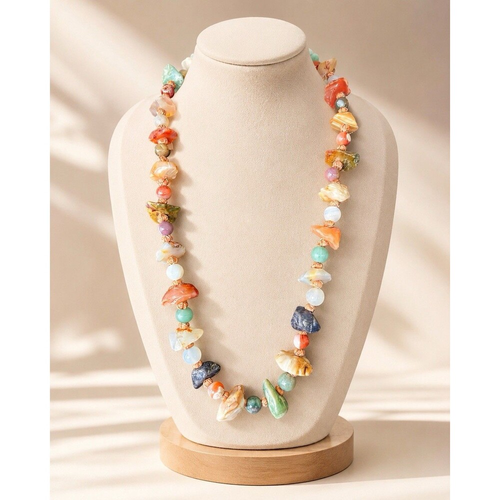 Vintage Mixed Gemstone Chunk Bead Necklace Long Boho Artisan Natural Stone